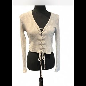Cream Lace-Up Ribbed Sweater